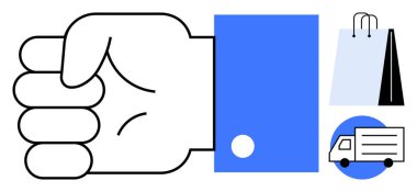 Alışveriş torbaları ve teslimat kamyonunun yanında yumruk tokuşturma hareketi. İş, iletişim, müşteri hizmetleri, alışveriş, teslimat, perakende ve lojistik için ideal. Düz basit metafor