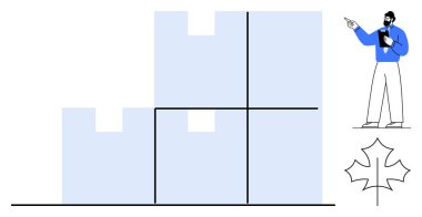 Katmanlı bir yapboz grafiğini işaret eden iş adamı, elinde tablet tutuyor. Akçaağaç yaprağı grafiği. Takım çalışması, veri, strateji, analiz, liderlik, eğitim dairesi için ideal