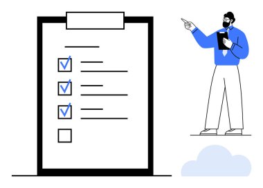 Tableti tutan kişi işaretli nesneler ve boş alanla kontrol listesine işaret ediyor. Üretkenlik, organizasyon, görevler, planlama, iş yönetimi, strateji, eğitim için idealdir. Düz basit