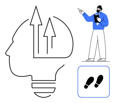 İşadamı pano ile işaret ediyor, siluet kafa içinde oklar olan ampul gibi, ve ayak izleri. Liderlik için ideal, yenilik, büyüme, strateji, akıl hocalığı planlama gelişimi. Düz