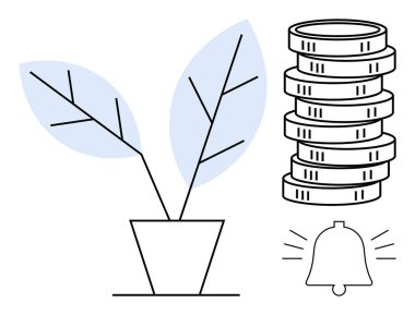 Bozuk para yığınının yanında yaprakları olan saksı bitkisi ve uyarı zili büyümeyi, zenginliği ve hatırlatıcıları gösteriyor. Finans, yatırım, sürdürülebilirlik, alarmlar, ekonomi ve zenginlik için ideal