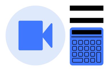 Mavi video kamera ve hesap makinesi yatay çizgilerin yanında, dijital araçları, teknolojiyi, verimliliği, çevrimiçi işbirliğini, eğitimi, multimedyayı, analizi sembolize ediyor. İletişim için ideal