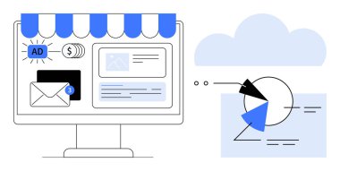 Reklam araçları, e-posta bildirimleri, finansal unsurlar, bulut depolama ve analitik şeması ile e-ticaret arayüzü. Pazarlama, iş, e-ticaret, veri depolama stratejisi organizasyonu için ideal