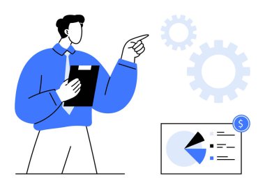 İş adamı elinde veri noktaları, pasta grafiği, dolar ikonu ve viteslerle finansal tabloya doğru hareketler tutuyor. İş stratejisi, analiz, finans, takım çalışması, büyüme planlaması için ideal