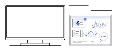 Ekranda boş ekranı analitik, grafik ve çizelgelerle gösterilen tabletin yanında göster. İş, teknoloji, veri görselleştirme, analiz, üretkenlik, dijital araçlar için ideal basit