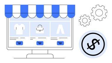 Depo önü ürünlerini gösteren bilgisayar ekranı giysi ve çantaları, alışveriş arabası simgeleri, dolar sembolleri ve e-ticareti, dijital pazarlamayı ve iş otomasyonunu temsil eden vitesler.