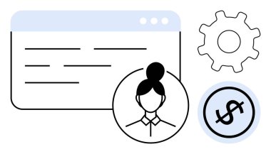 Gösterge paneli, profil avatarı, dişli simgesi ve dolar işareti sistem ayarları, kullanıcı kişiselleştirmesi ve parasal yönetim öneriyor. Teknoloji, finans, kullanıcı ayarları uygulama arayüzü profili için ideal
