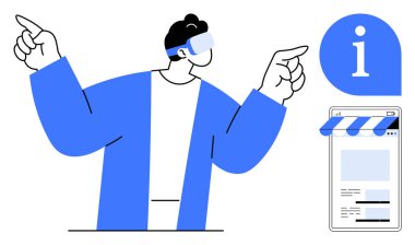 VR kulaklıklı adam sanal mağaza önü ve bilgi açılışıyla ilgileniyor. Gelecekteki teknoloji için ideal, çevrimiçi alışveriş, müşteri desteği, müteşebbis deneyim, dijital dönüşüm, yenilik