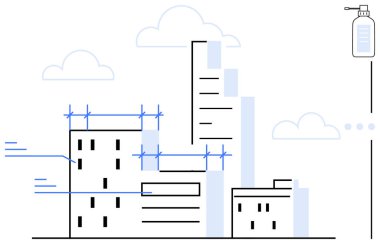 İskelesi, bulutları ve ince detaylarıyla inşa edilmiş modern binalar. Mimarlık, kentsel planlama, inşaat, teknoloji, yenilik, ilerleme ve altyapı için ideal