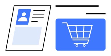 Çevrimiçi alımlar için mavi alışveriş arabasıyla birlikte dijital profil kartı, kullanıcı kimliği ve e-ticaret etkileşimini temsil ediyor. Alışveriş için ideal, dijital kimlik, çevrimiçi güvenlik, e-ticaret