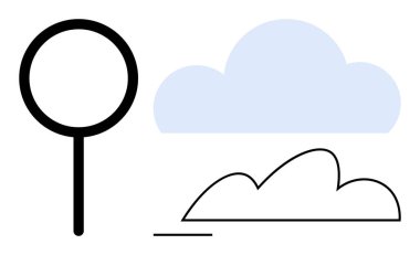 Ana hatları çizilmiş ve gölgelenmiş bulutların yanında büyüteç. Analiz, keşif ve veri gözlemini akla getiriyor. Bulut hesaplama, teknoloji, araştırma, keşif ve analitik organizasyon için ideal