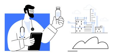 Doktor elinde tıbbi araştırmaları, yenilikleri ve şehir büyümesiyle kamu sağlığı entegrasyonunu sembolize eden bir şişe ve tablet tutuyor. Sağlık, yenilik, teknoloji, sürdürülebilirlik ve kentleşme için ideal