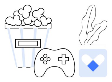 Patlamış mısır kovası, oyun kumandası, soyut uygulama ekranı, ve yaprak bitkisi eğlence, eğlence ve teknoloji. Oyun, eğlence, dijital yaşam tarzı medya rahatlama hobileri ve teknoloji için idealdir. Düz