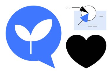 Yapraklı mavi konuşma balonu sürdürülebilirliği vurgular, kara kalp tutkuyu sembolize eder, soyut şekiller yeniliği iletir. Çevre dostu, iletişim, büyüme, yaratıcılık ve aşk için ideal