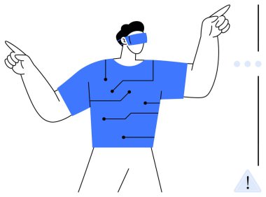 Devreden esinlenilmiş gömlek tasarımlı sanal gerçeklik kulaklığı takan bir adam gelecekteki dijital arayüzü işaret ediyor. VR, teknoloji, yenilik, oyun, yapay zeka, gelecekteki kavramlar için ideal