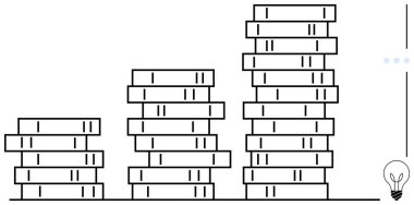 Büyümeyi veya ilerlemeyi temsil eden dikey çubuk yığınları, yenilik ve fikirleri sembolize eden bir ampul ile. İstatistikler, veriler, büyüme, yenilik, finans, ilerleme, iş stratejileri için ideal