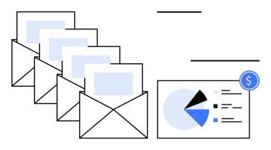 Turta grafiği ve maliyet analizi olan bir mali raporun yanında mektuplar içeren zarflar. Pazarlama, iletişim, veri analizi, finans, iş stratejisi, e-posta kampanyaları, müşteri