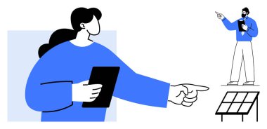 Elinde tablet tutan kişi güneş panellerinin yanında elinde pano olan meslektaşını işaret ediyor. Takım çalışması için ideal, yenilenebilir enerji, teknoloji, eğitim, planlama, işbirliği, düz basit metafor