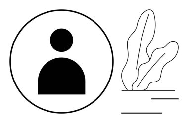 Soyut bitki yaprakları ve çizgileriyle birlikte dairesel bir çerçevenin içindeki bir kişinin silueti. Profil, kimlik, kullanıcı arayüzü, kişisel markalaşma, doğa, minimalizm, düz basit metafor için ideal