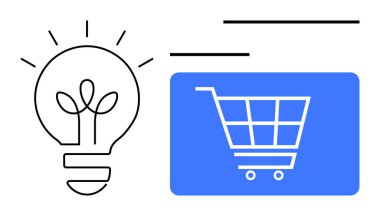 Ampul, mavi paneldeki alışveriş arabasının yanında fikirleri temsil ediyor. Yenilik için ideal, çevrimiçi alışveriş, e-ticaret, yaratıcılık, iş stratejisi, sürdürülebilirlik, girişimcilik. Düz basit