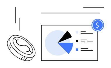 Madeni para ve pasta tablosu, maliyetler, gelir ve bütçe kavrayışlarına vurgu yaparak finansal veri analizini temsil etmektedir. Finans, analitik, yatırım, ekonomi, muhasebe, iş dairesi için ideal