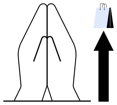 Dua eden ellerin siyah çizgisi, yukarı doğru siyah ok, ve şükran, manevi büyüme, tüketim, hırs, fırsat, yaşam tarzı ve farkındalığı temsil eden alışveriş torbası. Motivasyon için ideal