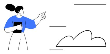 Sıradan bir kadın soyut bulut ve çizgilerle tablet tutarak öne bakıyor. Yönlendirme, teknoloji, bulut hesaplama, yenilik, fikirler, rehberlik, liderlik için idealdir. Düz basit metafor