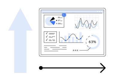 Pasta grafiği, bar grafiği, kontrol listesi ve ilerleme ölçümleri olan analitik gösterge paneli. Yukarı doğru büyük ok gelişmeyle hizalanır ve sağa doğru ok ileri hareketi gösterir. İş ve veri için ideal