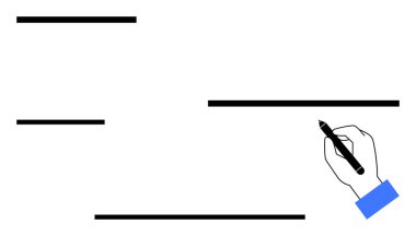Mavi kollu kalem tutuyor ve siyah düz çizgiler çiziyor. Planlama, yaratıcılık, tasarım, organizasyon, iletişim, minimalizm, sanatsal temsil için idealdir. Düz basit metafor