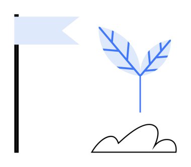 Bir bayrak ve bulutun yanında filizlenen bitki, büyümeyi, hırsı, sürdürülebilirliği ve yeni başlangıçları temsil ediyor. Çevre, liderlik, ilerleme motivasyon başarı yenilik değişimi için idealdir. Düz