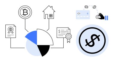 Bitcoin, ev ve sertifikaları birbirine bağlayan pasta grafiği. Çevredeki kredi kartı işlemlerinde dolar işareti var. Finans, yatırım, kripto para birimi, bütçe ve ödeme yöntemleri için ideal