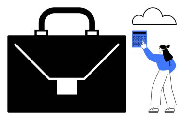 Hesap makinesine basan bir kadın, işi simgeleyen büyük siyah bir evrak çantası ve yukarıdaki bulut. Finans, organizasyon, planlama, uzaktan çalışma, bulut hesaplama stratejisi için idealdir. Soyut