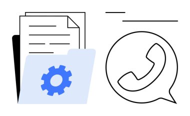 Ayarlar için teçhizatı olan bir klasördeki belgeler ve telefon simgesi olan bir konuşma balonu. Müşteri desteği, iletişim, teknik servis, veri yönetimi, ayarlar, iş akışı için ideal