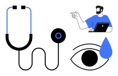 Stetoskop, mavi gözlü, işaret ederken dizüstü bilgisayar kullanan biri. Sağlık, teknoloji, teletıp, uzaktan teşhis, dijital sağlık hizmetleri yeniliği için idealdir. Soyut satır düzlüğü