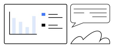 Konuşma balonu ve soyut bulut elementinin yanında renk etiketli çubuk grafiği. Analiz, iletişim, takım çalışması, sunum, iş, eğitim ve teknoloji temaları için ideal. Düz basit