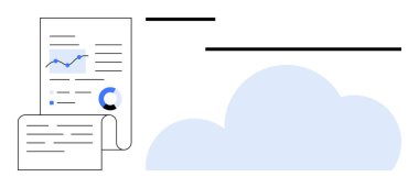 Grafikler, çizelgeler ve metin içeren finansal belgelerin yanında bulut simgesi. Veri depolama, analiz, finans, teknoloji, bulut hesaplama güvenliği için ideal. Modern düz basit metafor