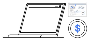 Açık tarayıcı pencereli dizüstü bilgisayar, çizelgeli veri analiz paneli ve dolar işareti simgesi. Finans, analitik, iş stratejisi, yatırım, çevrimiçi bankacılık, istatistik sade