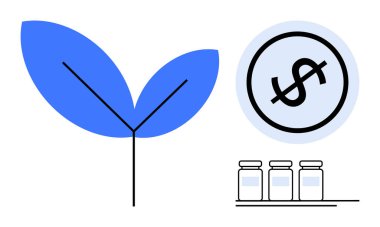 Mavi yaprak, dairesel çerçevedeki dolar işareti ve raftaki cam kavanozlar ekolojik bilinçli büyüme, tasarruf ve sürdürülebilir yatırımları temsil ediyor. Finans, sürdürülebilirlik, tasarruf ve büyüme için ideal