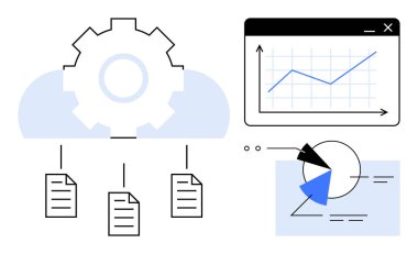 Bulut operasyonlarını temsil eden teçhizat, bulut deposuna bağlı dosyalar, çizgi grafikleri ve pasta grafikleri dahil analitikler. Teknoloji, takım çalışması, veri yönetimi, optimizasyon, bulut sistemleri için ideal