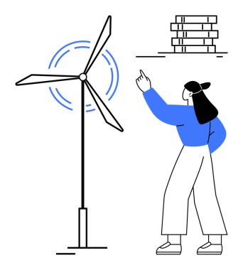 Çember çizen rüzgar türbini ve hareket eden bir kadın. Yakınlarda yığılmış kitaplar öğrenmeyi ve yeniliği öneriyor. Sürdürülebilirlik, eğitim, teknoloji, enerji, iklim değişikliği ve yenilenebilir enerji için ideal