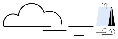 Bulut ve rüzgar çizgileri olan stilize bir alışveriş çantası, çevrimiçi perakende satış, bulut hesaplama, sürdürülebilirlik. E-ticaret, dağıtım, hareketlilik, dijital ağ, çevre dostu hızlı servis dairesi için ideal