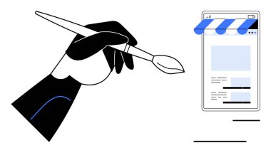 Boya fırçalı siyah beyaz bir el. Yapılandırılmış web sayfası düzeni tasarlıyor. Yaratıcılık, web tasarımı, e-ticaret, yenilik, sanat, kişiselleştirme, markalaşma için ideal. Düz