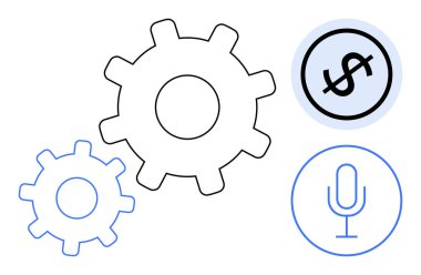 İşbirliğini sembolize eden üç vites, bir mikrofon ve bir dolar işareti ile minimalist tarzda bağlanmış. Teknoloji, iş, finans, otomasyon, yenilik, iletişim için ideal