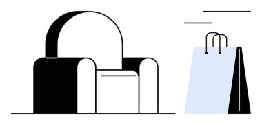 Modern koltuk, alışveriş, ticaret ya da çevrimiçi alımı sembolize eden bir alışveriş çantasıyla rahatlamayı öneriyor. Perakende, yaşam tarzı, ev, mobilya, iç tasarım, rahatlama için ideal