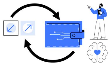 Teknoloji devreli cüzdan, çift yönlü oklar, kalp sembollü beyin ve sunum yapan insan. Fintech, veri alışverişi, AI, eğitim, karar verme yeniliği ve kullanıcı güvenliği fikirleri için ideal
