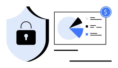 Analiz çizelgesinin yanında asma kilit ve dolar işaretini simgeleyen siber güvenlik, veri koruması, mali güvenlik, iş analizleri, dijital güvenlik, güvenli işlemler, gizlilik güvencesi