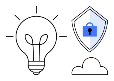Ampul, altında bulut olan bir kilidi temsil eden bir kalkanın yanındaki yeniliği simgeliyor. Teknoloji, siber güvenlik, veri güvenliği, bulut hesaplaması, yaratıcılık ve yenilik için ideal