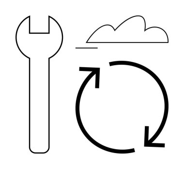 İngiliz anahtarı, bulut ve bulut bakımı, güncelleme ya da sistem onarımı yapan dairesel oklar. Teknoloji, bilişim desteği, bulut hesaplama, yazılım güncellemeleri onarım hizmetleri yenileme için ideal