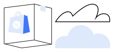 Şeffaf bir kutunun içinde yüzde işareti olan bir alışveriş torbası, ana hatlı ve gölgeli bulut simgeleriyle birlikte. E-ticaret, bulut bilgisayarı, çevrimiçi alışveriş, satış, indirimler, depolama, dijital