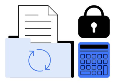 Senkronize oklar, güvenlik kilidi ve veri yönetimi için hesap makinesi olan klasörde depolanmış belge. Veri koruması, şifreleme, bulut depolama, organizasyon, üretkenlik ve iş için ideal